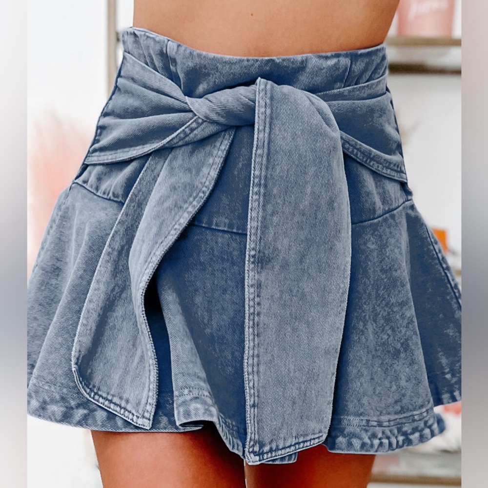 NanaMacs Mustard Seed Style Mentor Tie-Waist Denim Mini Skort (Washed Denim!)